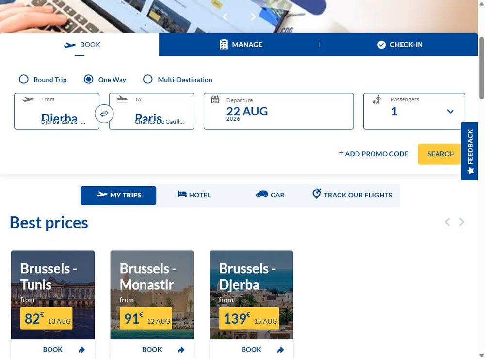 Форма поиска booking.nouvelair.com: направление (пример Джерба → Париж), дата и число пассажиров