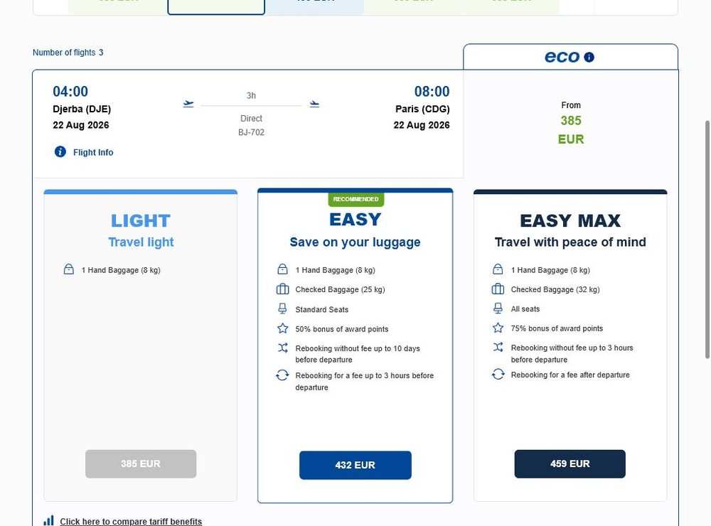 Выбор тарифа: LIGHT / EASY / EASY MAX с багажом, местами и бонусом баллов Jasmin